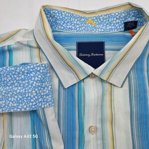 Tommy Bahama XXL Pima Cotton Button Down Shirt Striped Blue Yellow White